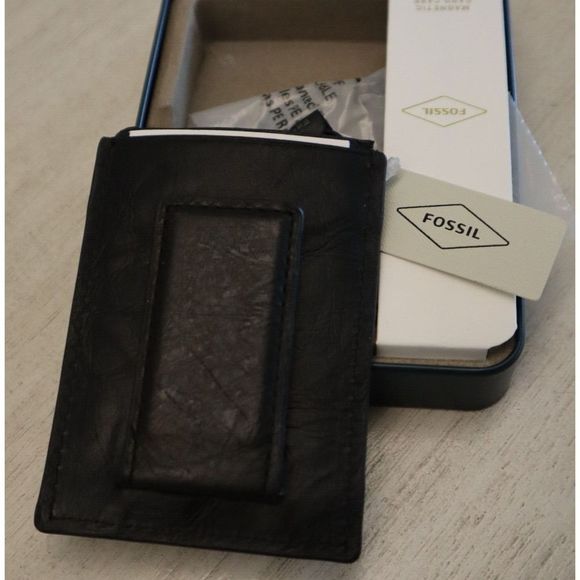 Fossil Black Neel Magnetic Card Case Leather Wallet w/Metal Case RFID Protection - Picture 7 of 8